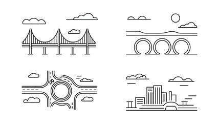 Line Art Illustrations of Bridges, Roundabout, and City Skyline with Clouds and Sun