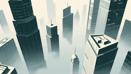 Perspective view of skyscrapers in a dense urban city shrouded in a misty atmosphere
