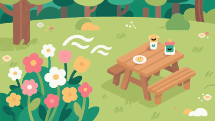 Picnic in the meadow with flowers and a wooden table in a forest illustration