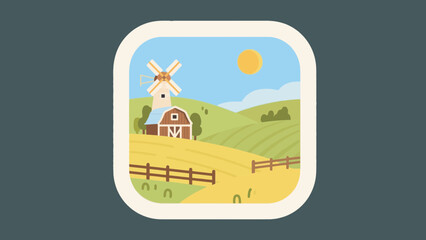 Picturesque farm landscape featuring a windmill barn and sunny blue sky countryside view