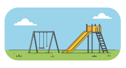 Playground with swings and slide on a sunny day illustration in vector format