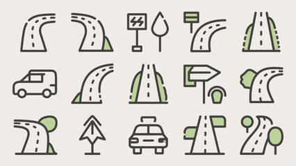 Road trip icons featuring winding roads, vehicles, and directional signs line art