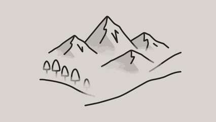 Serene mountain landscape illustration with trees in minimalist style design