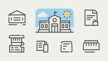 School building icon set with sun cloud documents education and learning elements