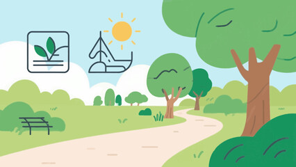 Serene park landscape illustration featuring a winding path and lush trees under sunlight