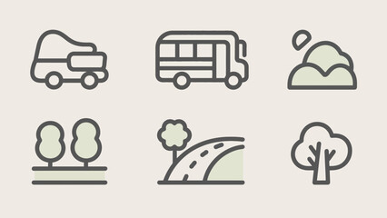 Set of nature and transportation icons featuring a car, bus, trees and road