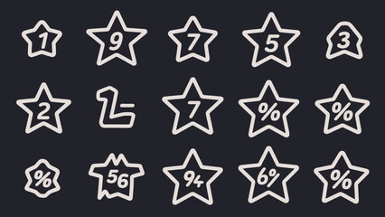 Set of star icons featuring numbers and percentage signs on a dark background
