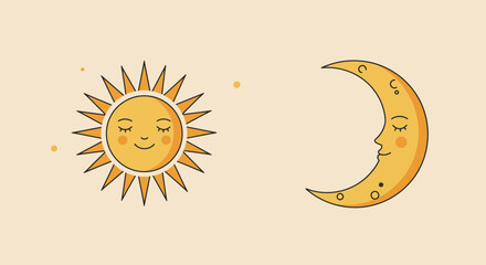 Smiling sun with closed eyes and crescent moon in a dreamy celestial illustration