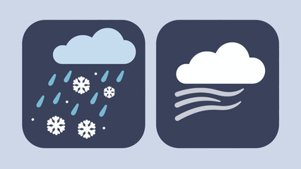 Weather forecast icons depicting sleet with snow and strong winds blowing clouds
