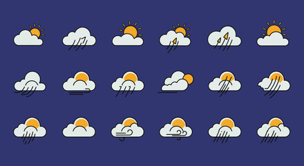 Weather forecast vector icons set featuring sun, clouds, rain, and wind elements