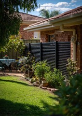A sun-drenched suburban backyard boasts a well-maintained lawn, lush greenery, and a modern black slatted fence, creating a tranquil and inviting outdoor space.
