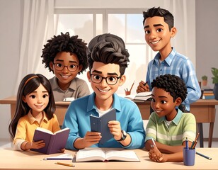 A diverse group of happy students and their teacher studying together in a bright classroom.