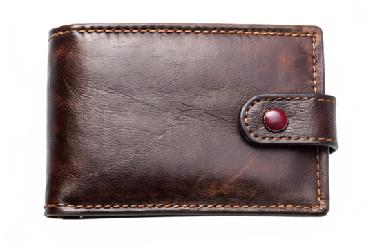 Rich dark brown leather bi-fold wallet with textured finish and button snap closure for stylish everyday carry