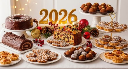 A delightful spread of festive holiday desserts and cakes, including a chocolate roulade, fruitcake, and various tarts, arranged beautifully for a new year 2026 celebration