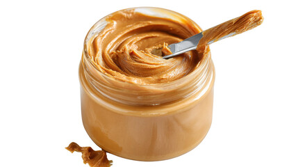 The image displays a jar of peanut butter with a knife inserted, showcasing its creamy texture on white background 