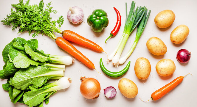 Fresh, vibrant vegetables flat lay offers healthy eating inspiration and culinary possibilities for food bloggers