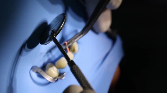Close-up of endodontic treatment with dental file inside root canal, isolated by blue rubber dam. Concept of modern root canal therapy and precision dentistry.