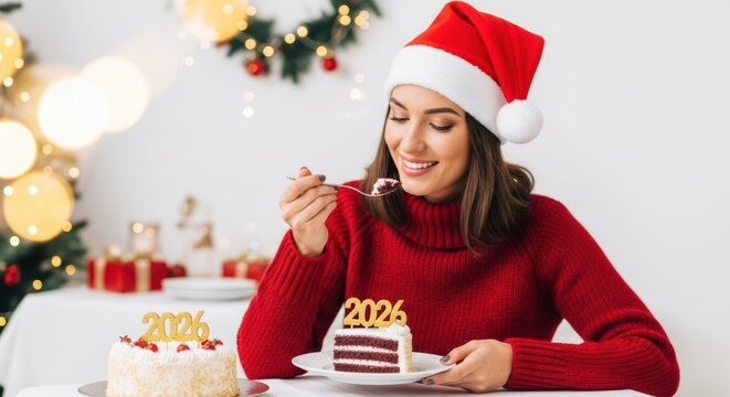 Young woman in a red sweater and santa hat eating a slice of cake with 2026 on it, celebrating the new year