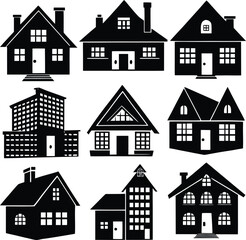 Collection of silhouette house icons diverse architectural styles for real estate and home design projects
