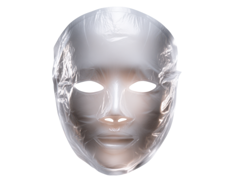 Clear plastic face mask with eye and mouth openings against black transparent, Isolated On Png Transparent Background