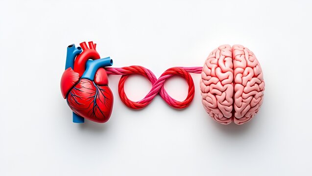 A stylized depiction shows a vibrant red anatomical heart connected to a pink brain by a twisted, interwoven rope-like structure forming an infinity symbol