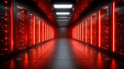 Fototapeta premium Cyber ​​threats to organizations. A futuristic server room illuminated with red lights, featuring rows of servers that create a high-tech ambiance.