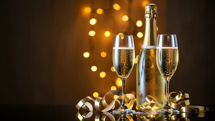 Celebratory scene showcases two glasses filled with sparkling wine next to a golden bottle.
