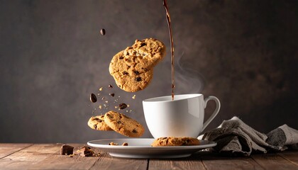 Generated image: A surreal shot of a coffee cup pouring liquid upwards into a floating cookies in zero gravity.
