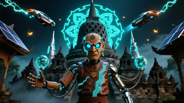 Cybernetic Monk Figure in Mystical Setting.