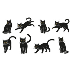 Nine Adorable Black Cats in Playful Poses Isolated on Transparent Background for Diverse Designs