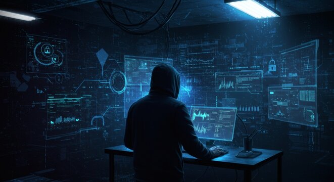 Cybersecurity Threat Hacker in Dark Room Digital Screens.