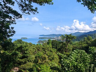 Obraz premium Tropical Forest View with Distant Coastline and Blue Sea