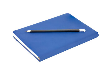 Blue notebook with black pencil isolated on white background with clipping path