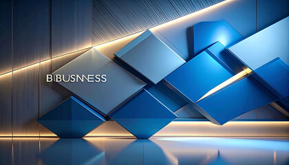 Abstract Geometric Cubes and Text " BUSINESS" in Blue and Silver Tones business