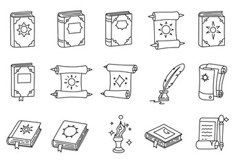 A black and white line drawing of books scrolls and writing instruments