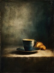A still life featuring a rich blue cup of coffee and a croissant, bathed in warm, muted tones, creating a tranquil and inviting atmosphere.