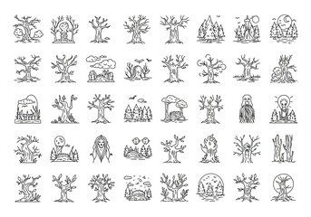 Collection of 49 black and white ink illustrations of various trees