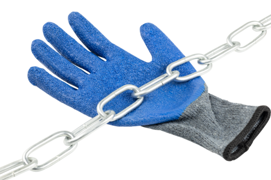 Blue protective work glove with chain isolated on white background with clipping path