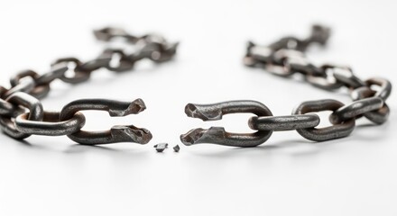 Fototapeta premium Severed metallic chain against stark background conveying break or disconnect concept