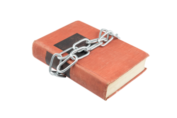 Old red book with metal chain isolated on white background with clipping path
