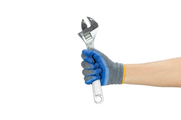 Adjustable wrench in blue protective glove isolated on white background with clipping path