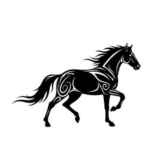 Obraz premium Stylized Black Horse Illustration with Swirling Patterns in Dynamic Running Pose