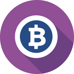 Modern flat bitcoin logo icon with purple circle and deep shadow for digital currency and finance