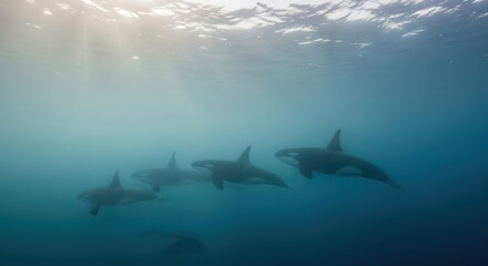 Fototapeta premium Underwater ballet of orcas in clear blue ocean under bright sunlight creates a sense of serenity
