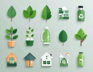 A collection of flat design icons representing nature, sustainability, and eco-friendly living.