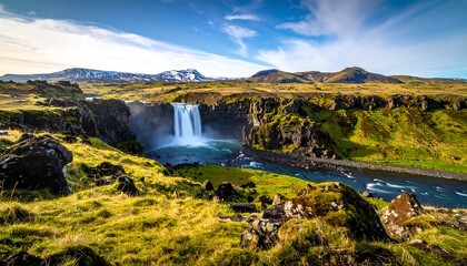A breathtaking vista of a cascading waterfall plunging into a turquoise river valley, nestled amidst a vibrant landscape of green grass and dark volcanic rocks, under a vibrant blue sky with...