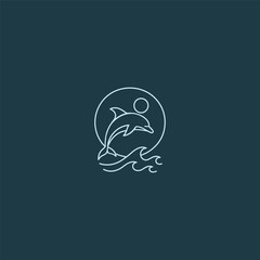Minimalist dolphin with rising sun ocean line art logo.