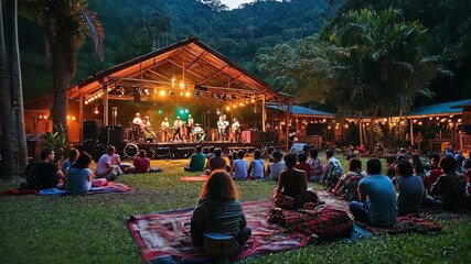 Outdoor concert with band performing for a crowd in a tropical setting.