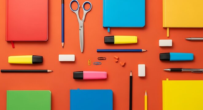An organized assortment of colorful stationery items including multiple vibrant notebooks markers and pencils arranged neatly on a flat surface to facilitate productivity during daily academic