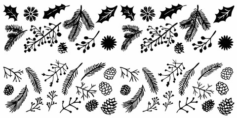 Naklejka premium Collection of hand drawn black silhouette winter holiday elements including pine branches holly berries and pinecones